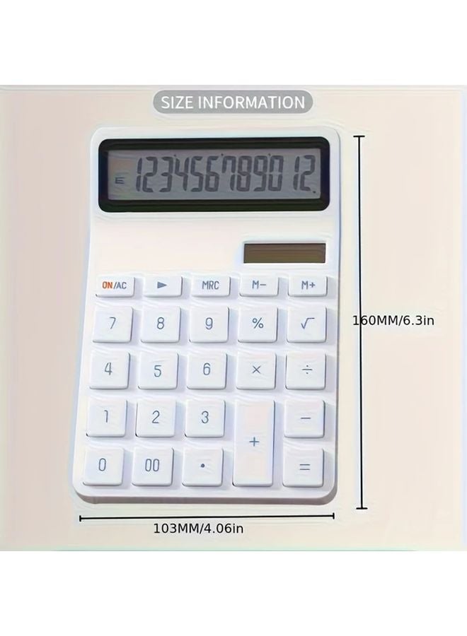 White 12 Digit Large Display Desktop Calculator Dual Power Solar Battery - Image 3