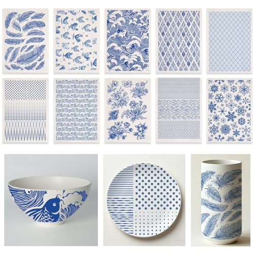 GLASSWINDS 10PCS Blue Rustic Underglaze Transfers for Pottery, 14.6x20.5 in Ceramic Clay Transfer Paper, Flower Transfer Stickers for Crafts Art DIY Ceramic Decals Underglaze Waterslide Decal - Image 1