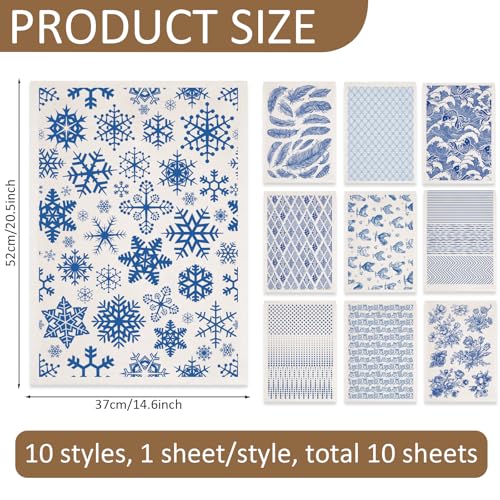 GLASSWINDS 10PCS Blue Rustic Underglaze Transfers for Pottery, 14.6x20.5 in Ceramic Clay Transfer Paper, Flower Transfer Stickers for Crafts Art DIY Ceramic Decals Underglaze Waterslide Decal - Image 2