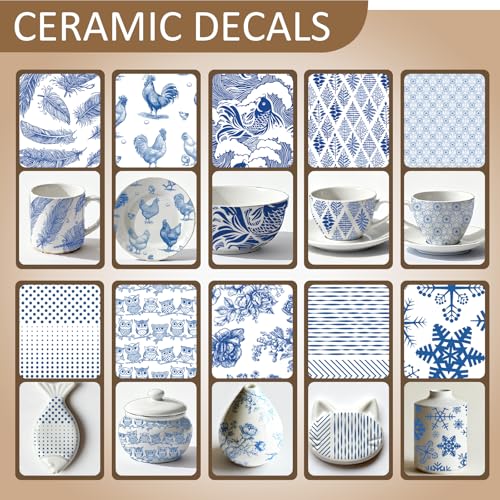 GLASSWINDS 10PCS Blue Rustic Underglaze Transfers for Pottery, 14.6x20.5 in Ceramic Clay Transfer Paper, Flower Transfer Stickers for Crafts Art DIY Ceramic Decals Underglaze Waterslide Decal - Image 4