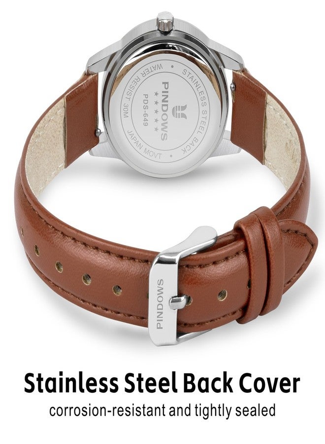 PINDOWS Women's Watches, Elegant Analogue Quartz Design with Leather Strap, Waterproof Fashion Wrist Watch with Easy-to-Read Luminous Dial, 649n4: brown-silver, Classic business suit watch in - Image 4