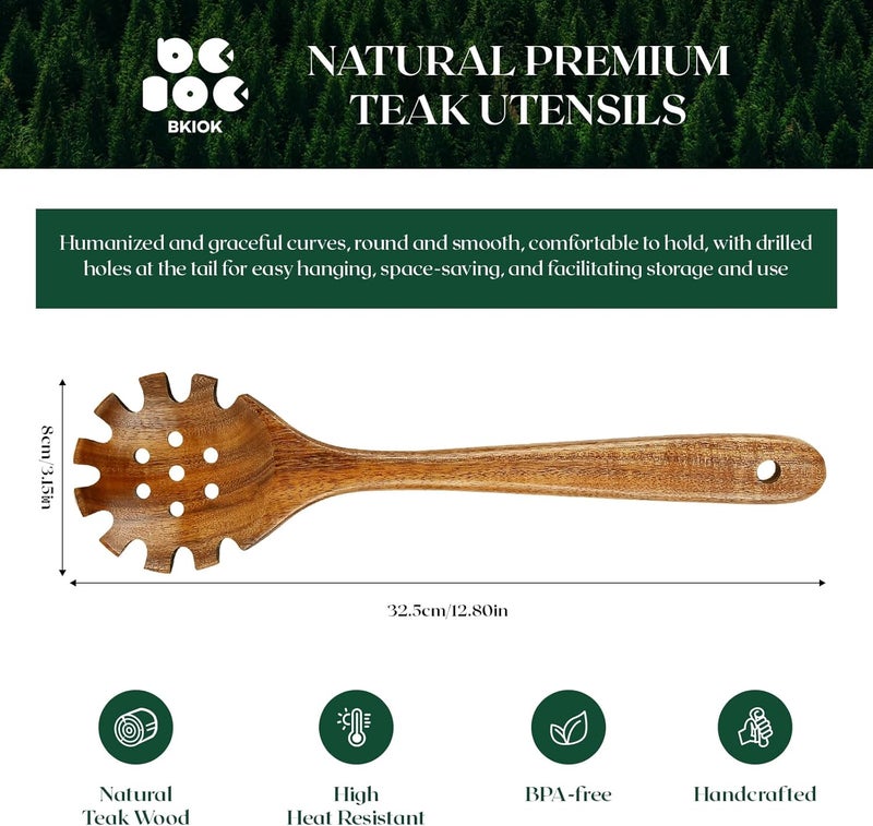Bkiok Natural Nonstick Teak Wood Pasta Fork, Noodle Spaghetti Spoon Server, Handmade Strainer Slotted Spoon Skimmer Spoons - Image 2