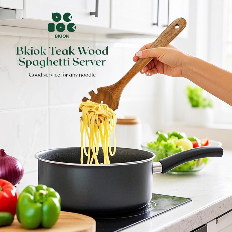 Bkiok Natural Nonstick Teak Wood Pasta Fork, Noodle Spaghetti Spoon Server, Handmade Strainer Slotted Spoon Skimmer Spoons - Image 5