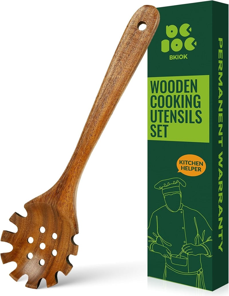 Bkiok Natural Nonstick Teak Wood Pasta Fork, Noodle Spaghetti Spoon Server, Handmade Strainer Slotted Spoon Skimmer Spoons - Image 1