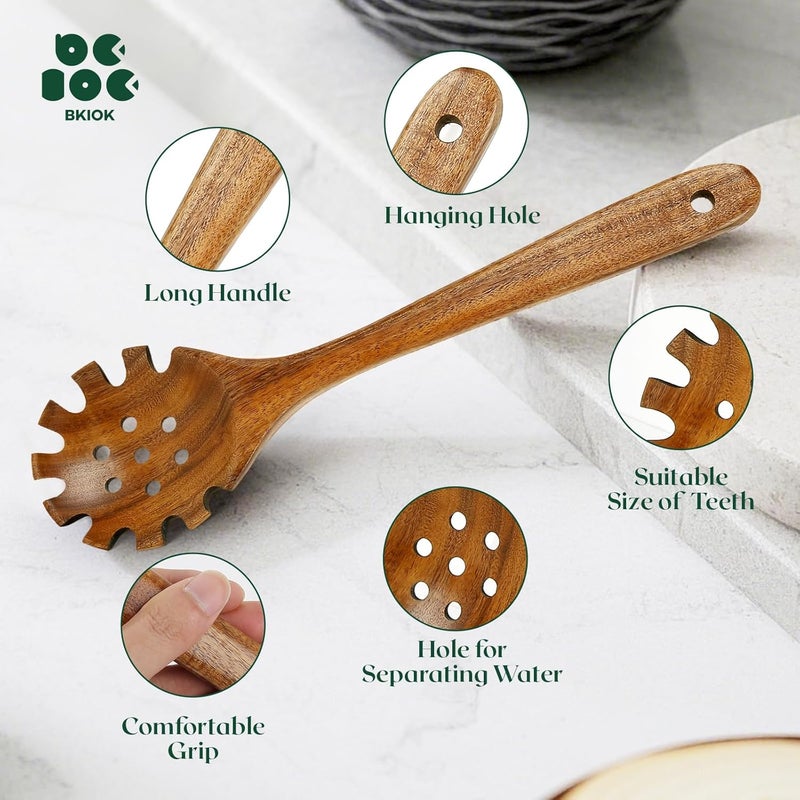 Bkiok Natural Nonstick Teak Wood Pasta Fork, Noodle Spaghetti Spoon Server, Handmade Strainer Slotted Spoon Skimmer Spoons - Image 4