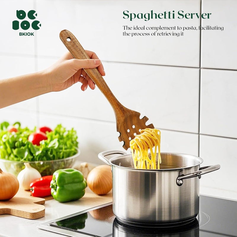 Bkiok Natural Nonstick Teak Wood Pasta Fork, Noodle Spaghetti Spoon Server, Handmade Strainer Slotted Spoon Skimmer Spoons - Image 3