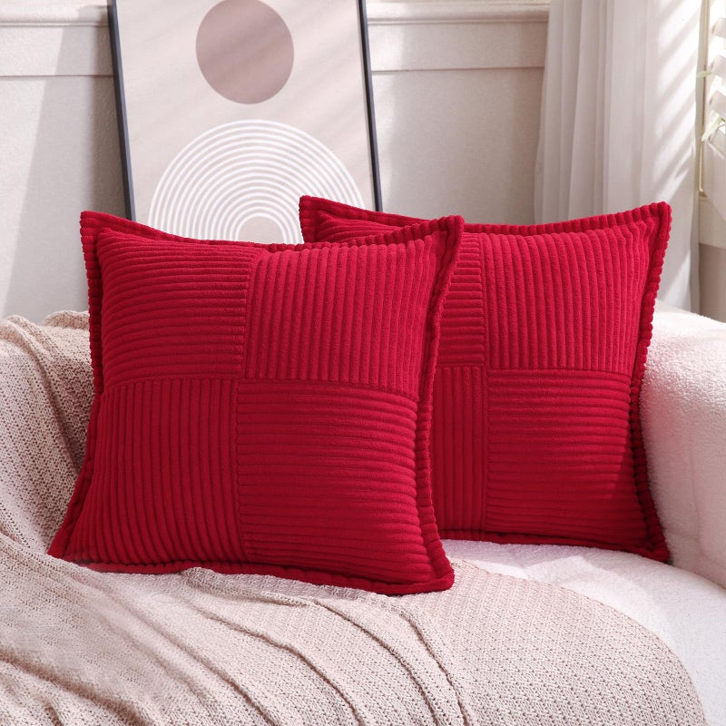 Puncuntex Corduroy Throw Pillow Covers Set of 2 Boho Decorative Red 22?22 Inch Super Soft Pillowcase Cozy Striped Texture Cushion Cover for Couch Sofa Farmhouse Living Room - Image 2