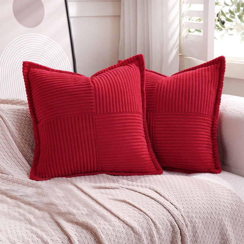 Puncuntex Corduroy Throw Pillow Covers Set of 2 Boho Decorative Red 22?22 Inch Super Soft Pillowcase Cozy Striped Texture Cushion Cover for Couch Sofa Farmhouse Living Room - Image 1