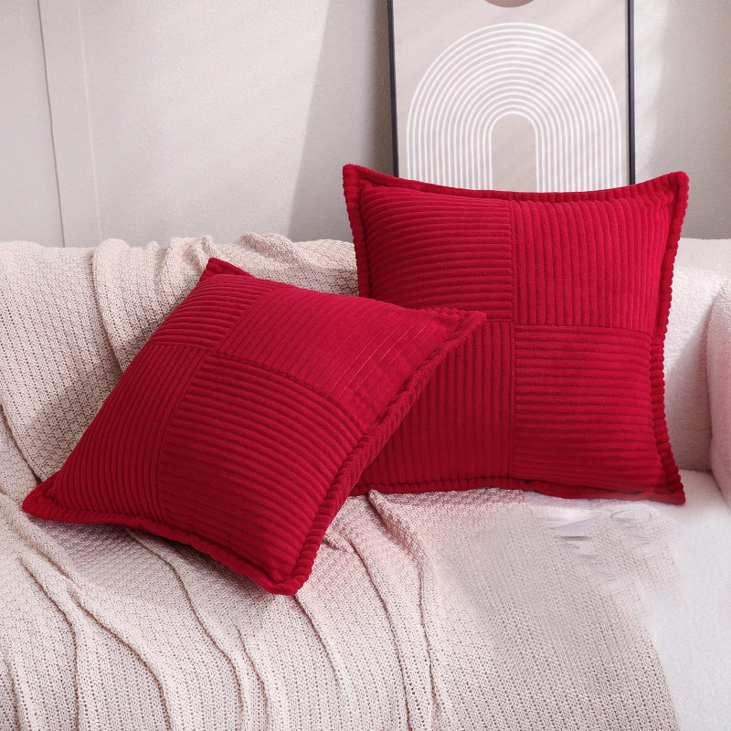 Puncuntex Corduroy Throw Pillow Covers Set of 2 Boho Decorative Red 22?22 Inch Super Soft Pillowcase Cozy Striped Texture Cushion Cover for Couch Sofa Farmhouse Living Room - Image 3