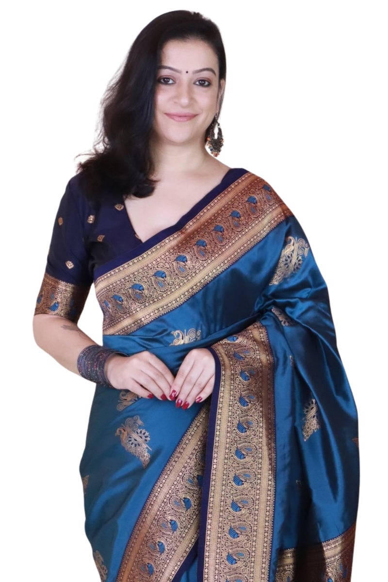 SGF11 Women's Kanjivaram Pure Soft Silk Saree With Unstitched Blouse Piece (Blue) - Image 1