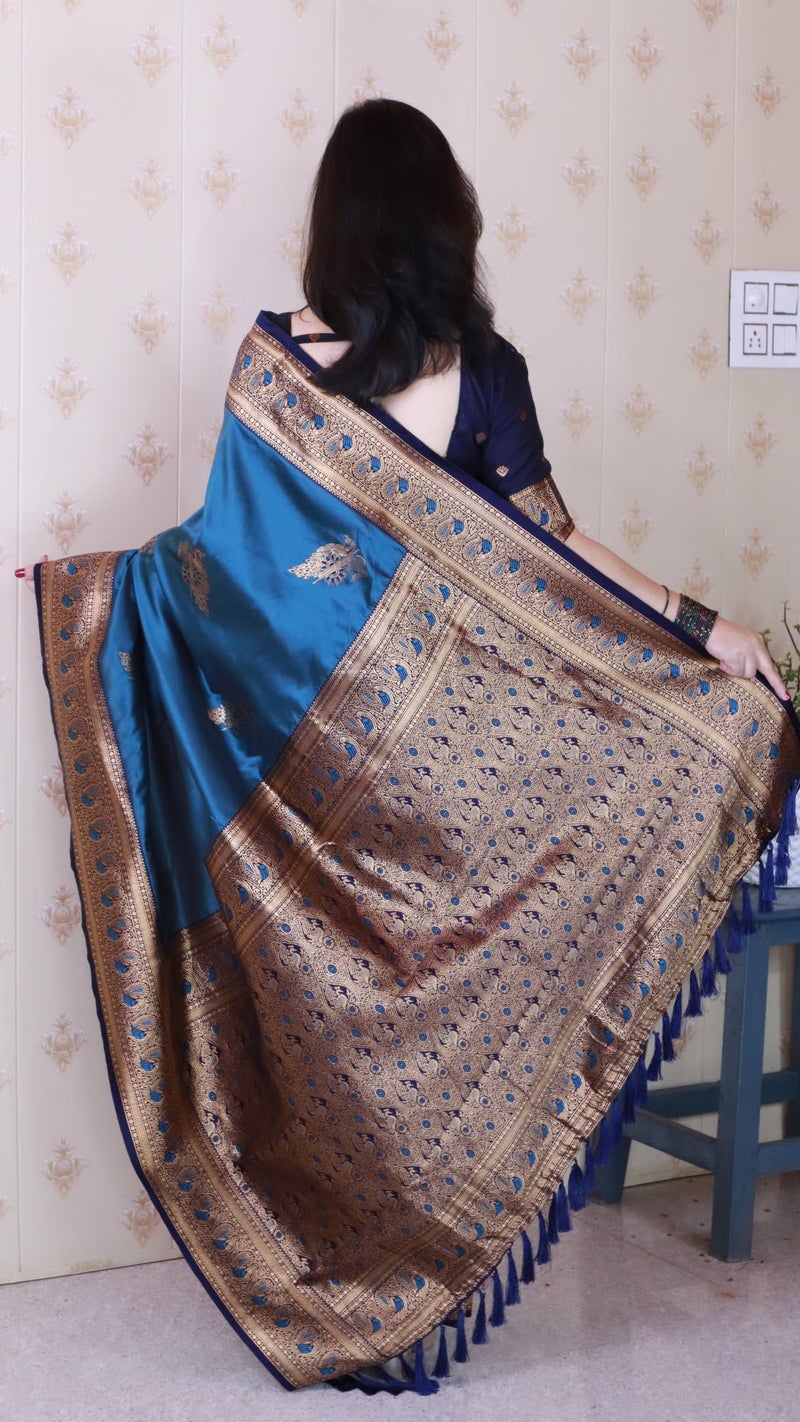 SGF11 Women's Kanjivaram Pure Soft Silk Saree With Unstitched Blouse Piece (Blue) - Image 4