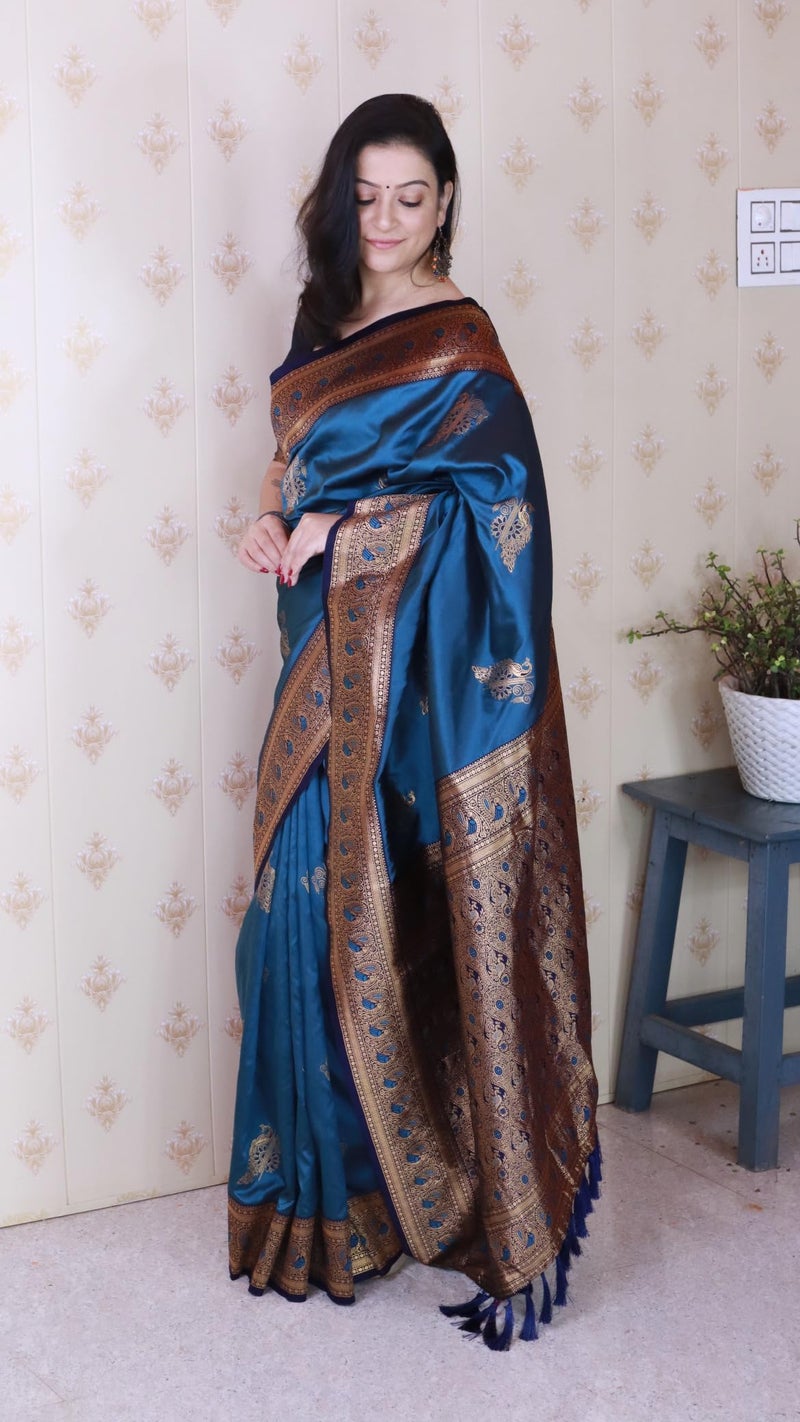 SGF11 Women's Kanjivaram Pure Soft Silk Saree With Unstitched Blouse Piece (Blue) - Image 5