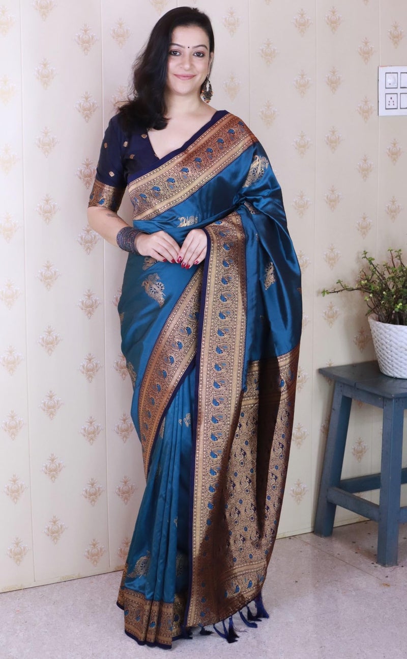 SGF11 Women's Kanjivaram Pure Soft Silk Saree With Unstitched Blouse Piece (Blue) - Image 2