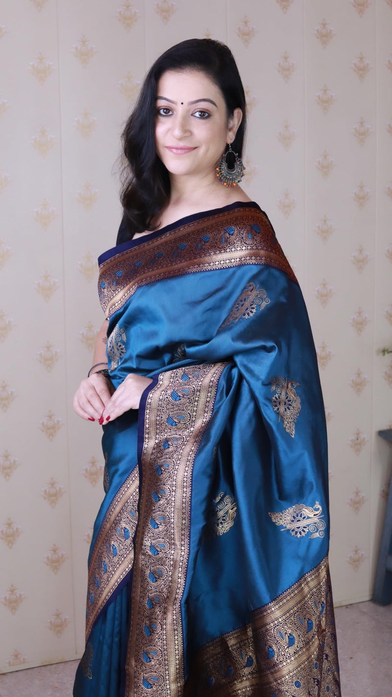 SGF11 Women's Kanjivaram Pure Soft Silk Saree With Unstitched Blouse Piece (Blue) - Image 3