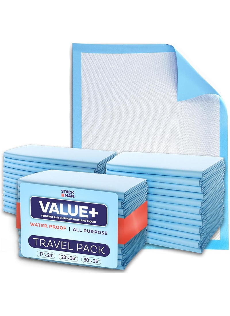 Stack Man - Chucks Pads Variety Pack - 3 Sizes - (17X24", 23X36", 30X36") - 15 Disposable Underpads - The Right Size for Every Need - Make Traveling Easy - Sample Our Range of Sizes or Pack Them for Your Trip! - Image 1