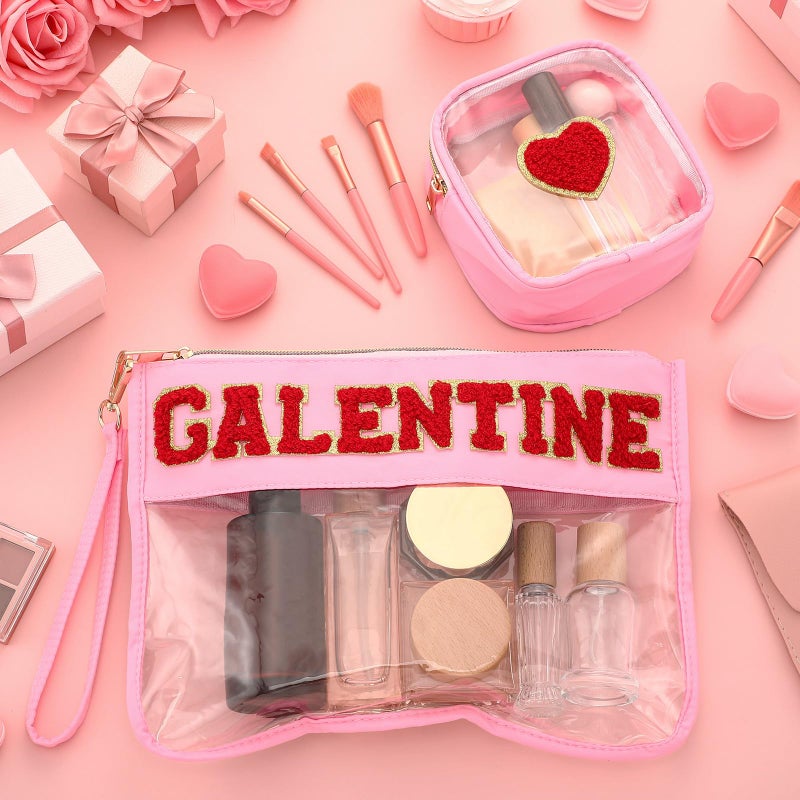 Shinylin 2 Pcs Galentine Day Gifts for Women Galentine Red Heart Makeup Bag Clear PVC Waterproof Cosmetic Bag Portable Travel Toiletry Storage Purse for Valentine Friends Women Engagement Wedding Gift - Image 2