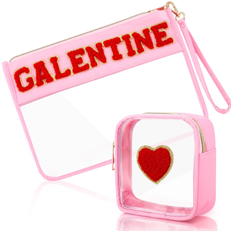 Shinylin 2 Pcs Galentine Day Gifts for Women Galentine Red Heart Makeup Bag Clear PVC Waterproof Cosmetic Bag Portable Travel Toiletry Storage Purse for Valentine Friends Women Engagement Wedding Gift - Image 1