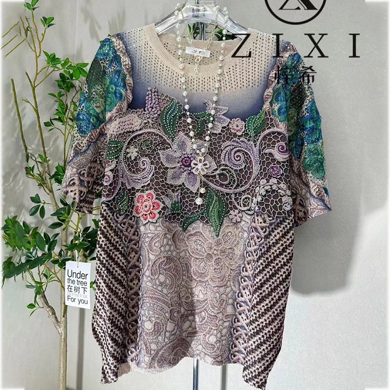 Plus Size Printed Round Neck Short Sleeve T-Shirt Women'S 2023 New Summer Loose Fashion Drilling Cotton And Linen Knitted Top - Image 3
