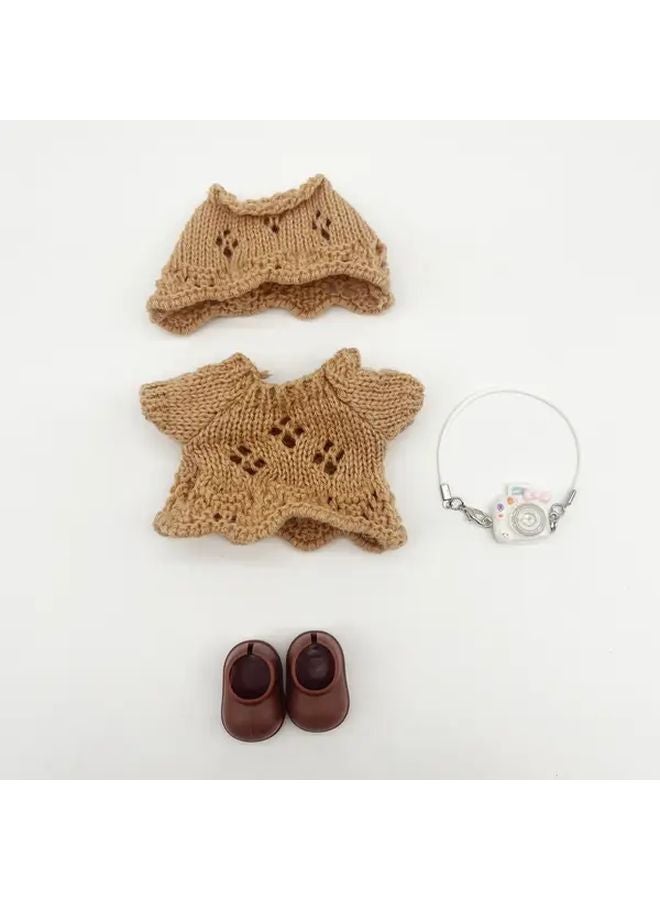 Brown 4pcs Doll Fashion Knit Dress Set With Hat Bag Shoes For Labubu - Image 1