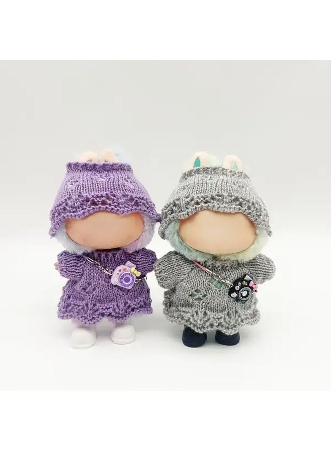 Brown 4pcs Doll Fashion Knit Dress Set With Hat Bag Shoes For Labubu - Image 3