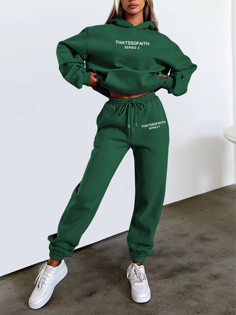 Women'S Letters Printed Hooded Sweat Fashion Casual Grab Pants Suit - Image 1