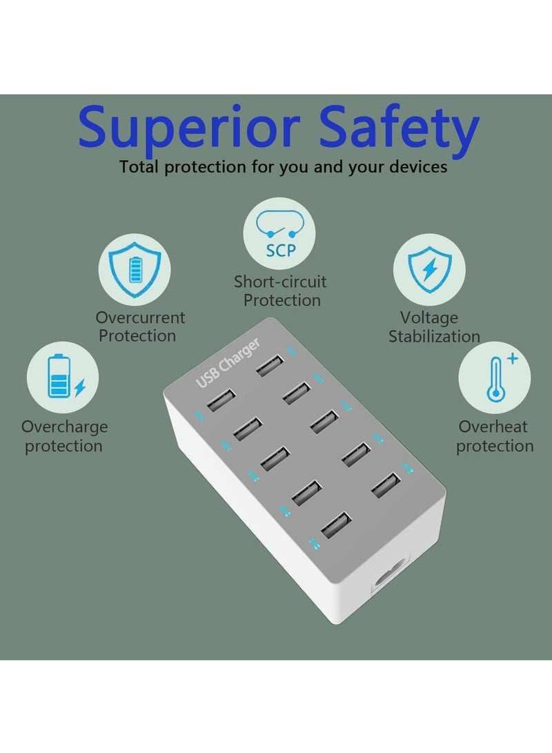 Y&D 10 Port 50W USB Charging Station, Charger Hub with Rapid Safety Auto Detect, Family Device Organizer, Smart Ports for iPhones, iPads, Samsung, Google, Tablet  - Image 3
