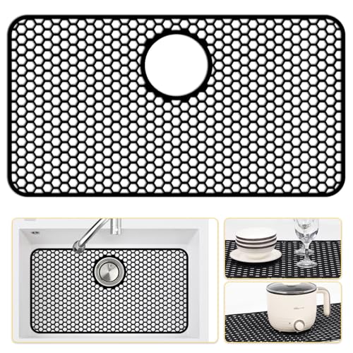 Bestjing Silicone Sink Protectors for Kitchen Sink with Rear Drain - 26"x 14" Kitchen Protector Accessory, Non-Slip Heat Resistant Grid Mat for Bottom of Farmhous Stainless Steel (Rear Hole, Black) - Image 1