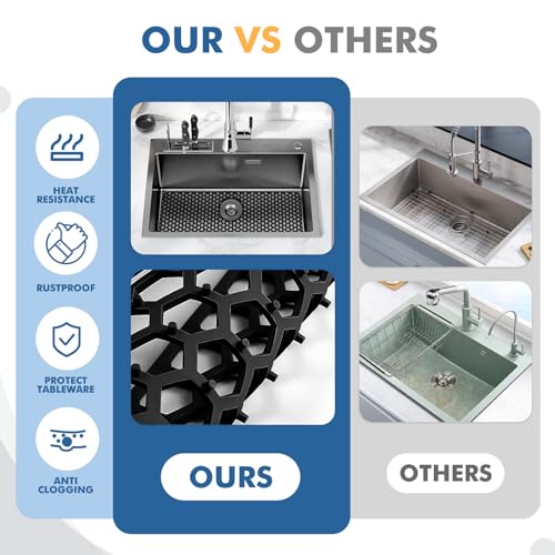 Bestjing Silicone Sink Protectors for Kitchen Sink with Rear Drain - 26"x 14" Kitchen Protector Accessory, Non-Slip Heat Resistant Grid Mat for Bottom of Farmhous Stainless Steel (Rear Hole, Black) - Image 4