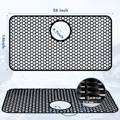 Bestjing Silicone Sink Protectors for Kitchen Sink with Rear Drain - 26"x 14" Kitchen Protector Accessory, Non-Slip Heat Resistant Grid Mat for Bottom of Farmhous Stainless Steel (Rear Hole, Black) - Image 3