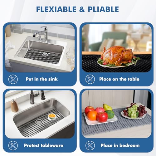 Bestjing Silicone Sink Protectors for Kitchen Sink with Rear Drain - 26"x 14" Kitchen Protector Accessory, Non-Slip Heat Resistant Grid Mat for Bottom of Farmhous Stainless Steel (Rear Hole, Black) - Image 5