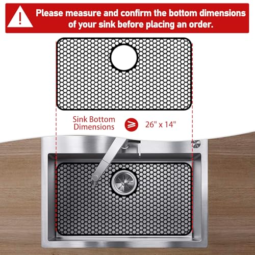 Bestjing Silicone Sink Protectors for Kitchen Sink with Rear Drain - 26"x 14" Kitchen Protector Accessory, Non-Slip Heat Resistant Grid Mat for Bottom of Farmhous Stainless Steel (Rear Hole, Black) - Image 2