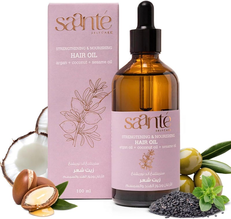 Saante Strengthening and Nourishing Hair Oil 100 ml - Hair Styling Oil - Repair Dry, Dull, Damaged Hair - Shine and Bounce - Natural Blend of Coconut, Argan, Sesame, Olive, and Jojoba Oils - Image 1