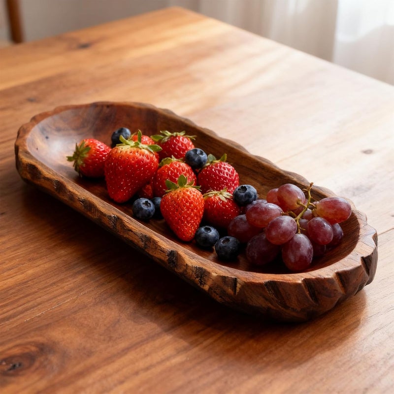 Oval Charcuterie Board 11 in Teak Wood, Rustic Serving Platter with Wavy Edge, Thailand Style Fruit Tray for Home, Restaurant - Image 3