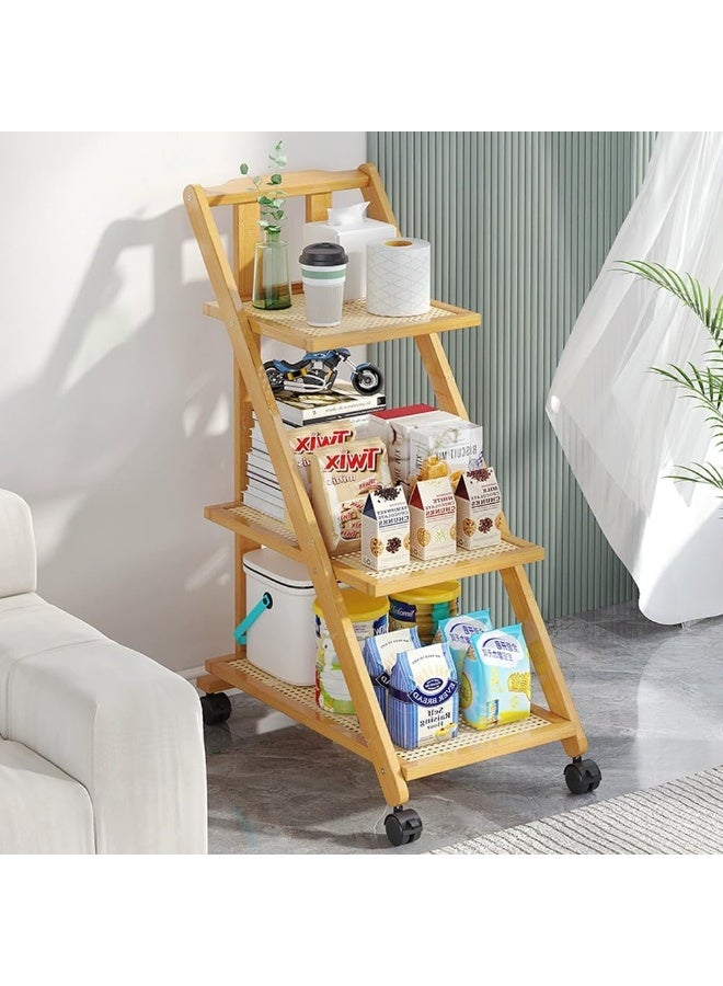 LINGWEI Foldable Bamboo Serving Cart 32x80x66cm Multifunctional Kitchen Trolley with Movable Wheels Ideal for Home Restaurant Use - Image 1