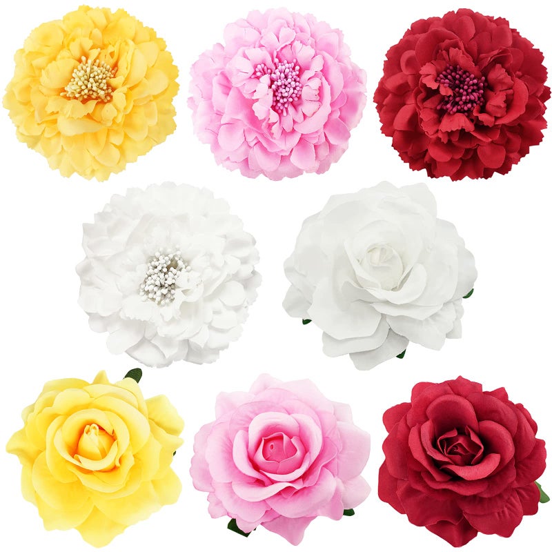 Large Floral Hair Clips 8 Pieces Set  Includes 4pcs Peony Flower Hair Clips and 4pcs Rose Flower Hair Barrette Accessories for Flamenco Dancer Beach Party Wedding Event PinkRedWhiteYellow