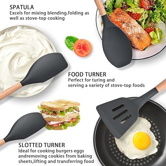 CARTEEO Silicone Spatula for Kitchen NonStick Cooking Spatulas with Wooden Handle Spatula Turner Serving Cooking Spoon Spatula Combs for Omlet Egg Dosa chapati Sambar Black - Image 4