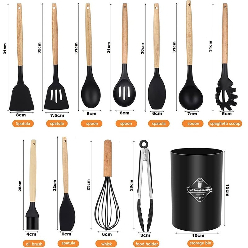 CARTEEO Silicone Spatula for Kitchen NonStick Cooking Spatulas with Wooden Handle Spatula Turner Serving Cooking Spoon Spatula Combs for Omlet Egg Dosa chapati Sambar Black - Image 2