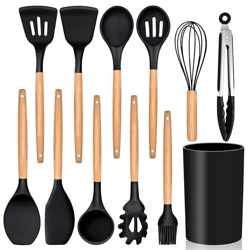 CARTEEO Silicone Spatula for Kitchen NonStick Cooking Spatulas with Wooden Handle Spatula Turner Serving Cooking Spoon Spatula Combs for Omlet Egg Dosa chapati Sambar Black - Image 1
