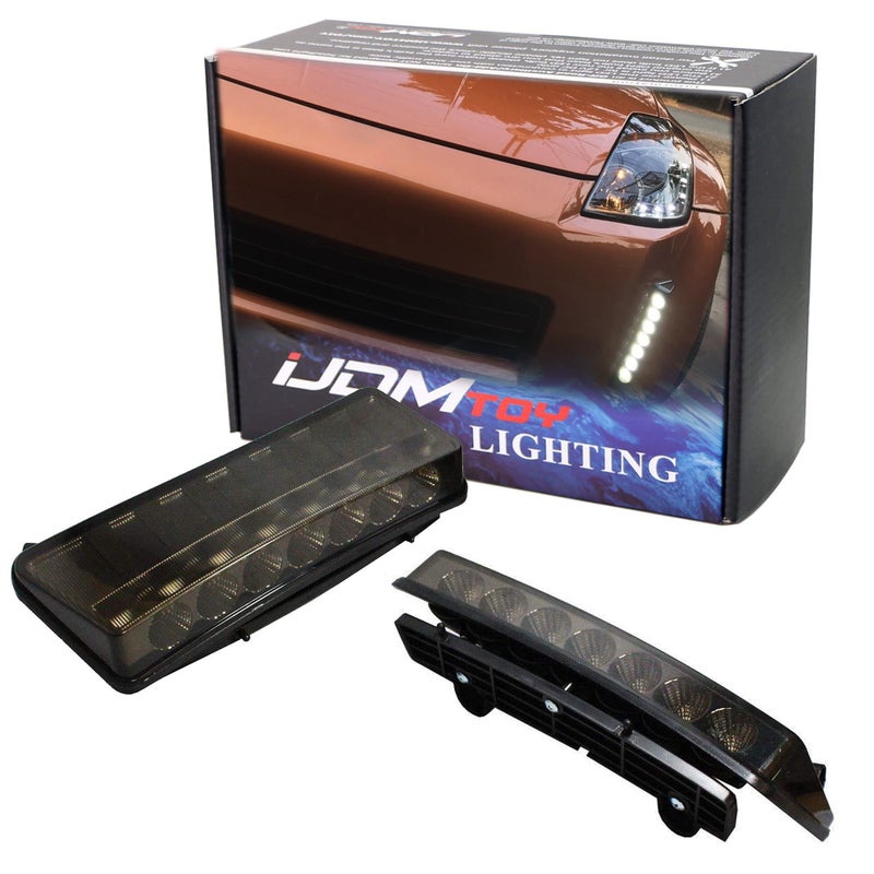 iJDMTOY Smoked Lens LED Daytime Running Lights Compatible with 20032005 PreLCI Nissan 350z Direct Fit DRL Assy Powered by 7 Pieces High Power Xenon White LED Each Side