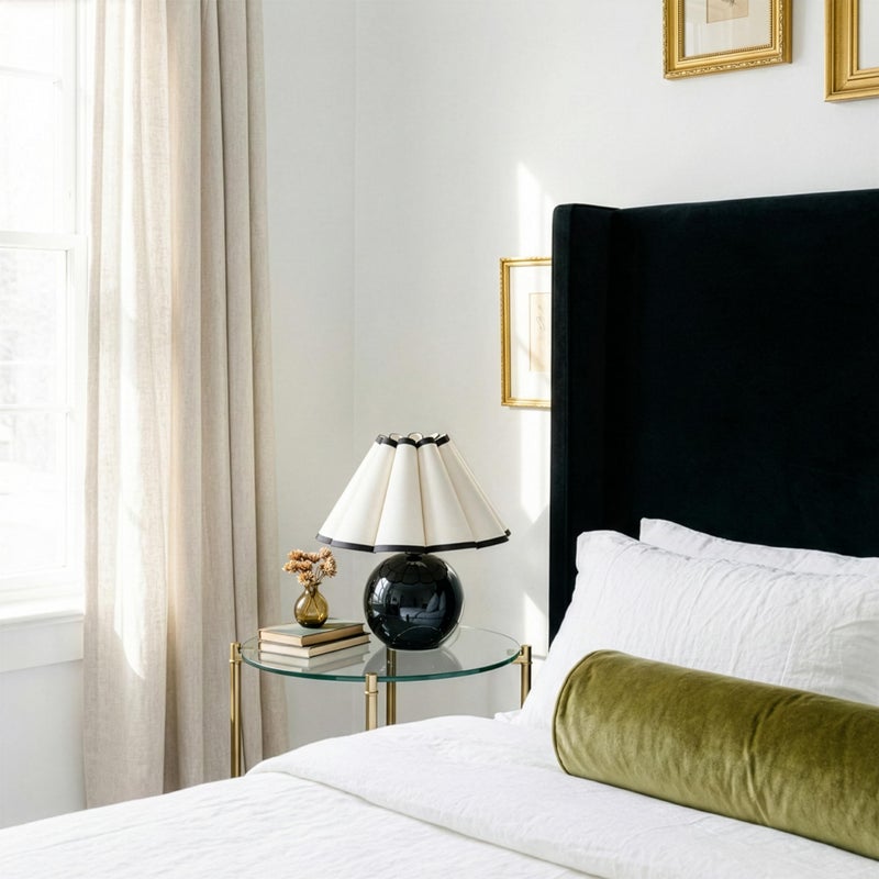 Brightech Blair 10" Table Lamp - Small Modern Black Lamp with Round Natural Marble Base, Art-Deco Pleated Shade for Bedroom, Nightstand, Side Table - Mini Warm White Night Light for Desk, Living Room - Image 5