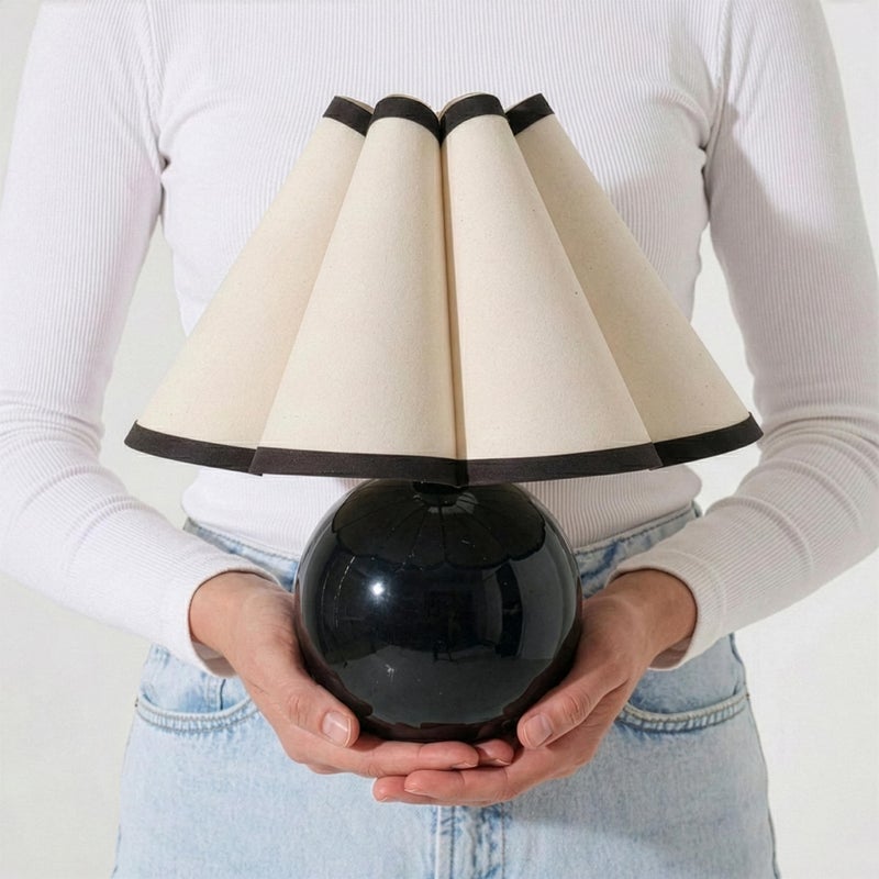 Brightech Blair 10" Table Lamp - Small Modern Black Lamp with Round Natural Marble Base, Art-Deco Pleated Shade for Bedroom, Nightstand, Side Table - Mini Warm White Night Light for Desk, Living Room - Image 4