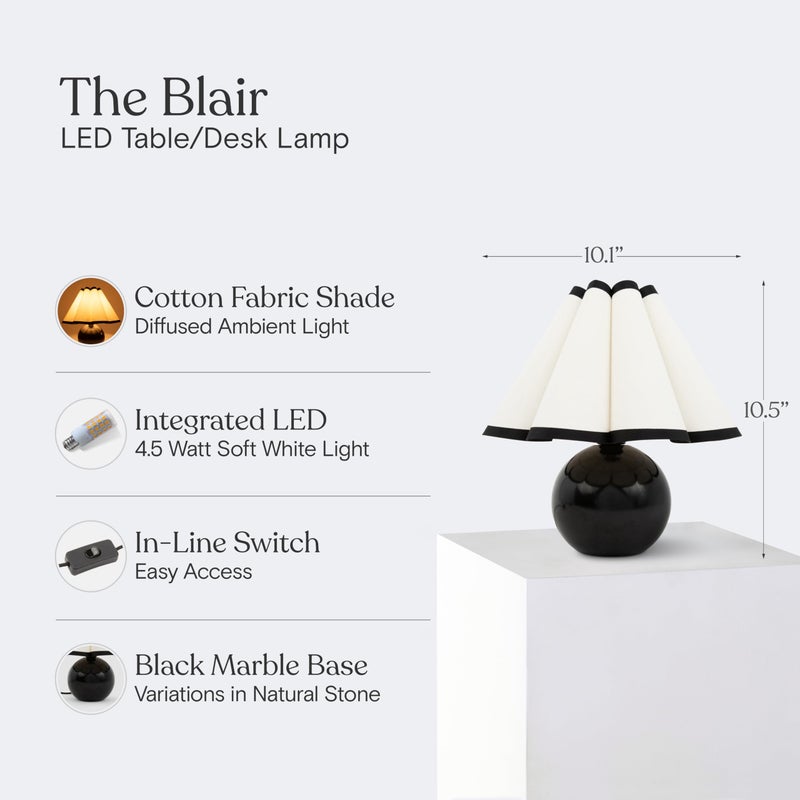Brightech Blair 10" Table Lamp - Small Modern Black Lamp with Round Natural Marble Base, Art-Deco Pleated Shade for Bedroom, Nightstand, Side Table - Mini Warm White Night Light for Desk, Living Room - Image 3
