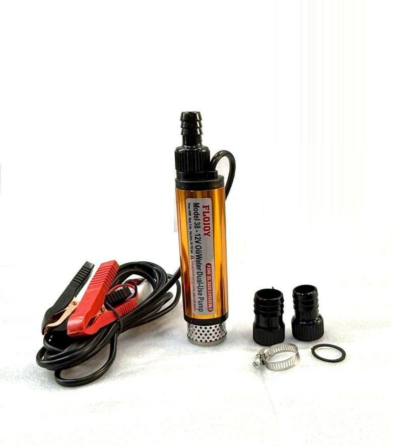 FLOJOY 12V 100w 38mm Multifunctional Submersible Diesel Oil Water Transfer Portable Pump with Filter for Refiling Cans, Automotive, Farm & Marine Use Lift 3-4Mtr, Flow 20-25 L/min & 3 Outlet Nozzle - Image 1