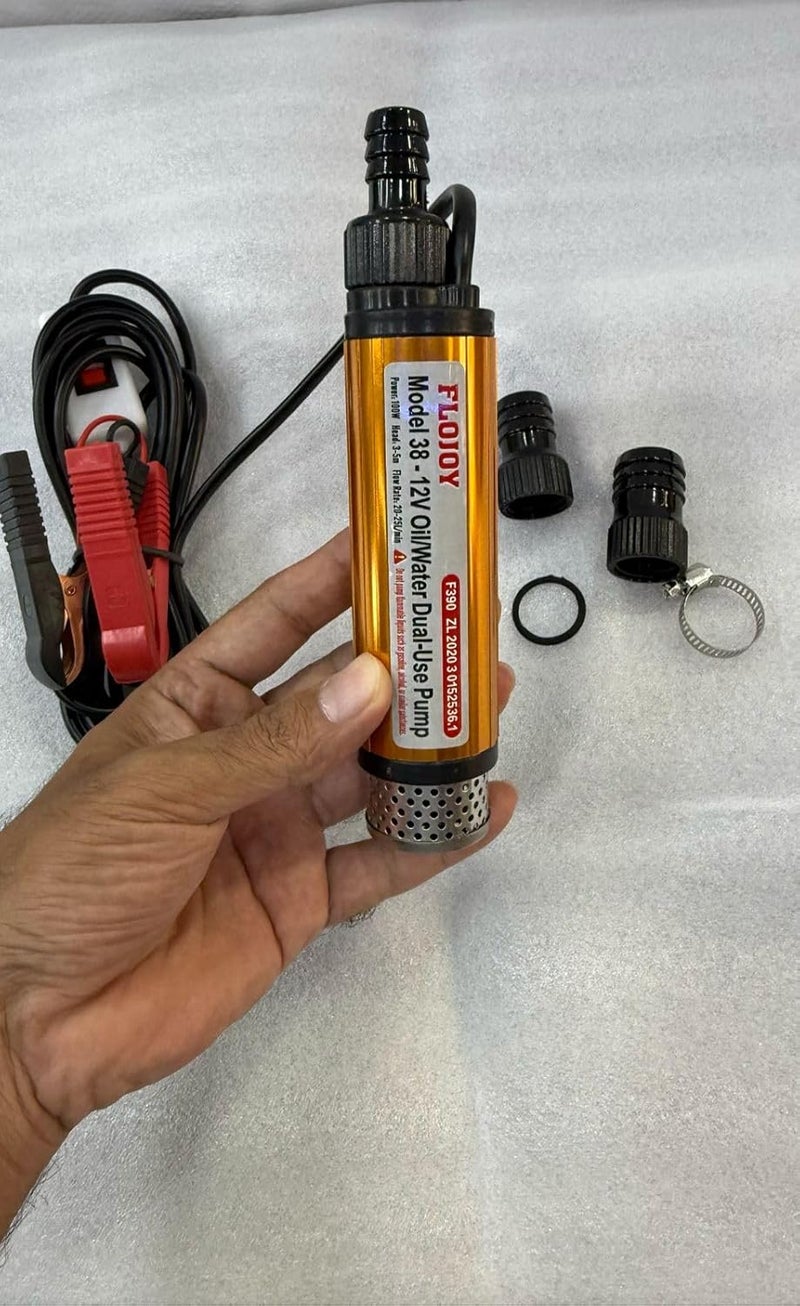 FLOJOY 12V 100w 38mm Multifunctional Submersible Diesel Oil Water Transfer Portable Pump with Filter for Refiling Cans, Automotive, Farm & Marine Use Lift 3-4Mtr, Flow 20-25 L/min & 3 Outlet Nozzle - Image 2