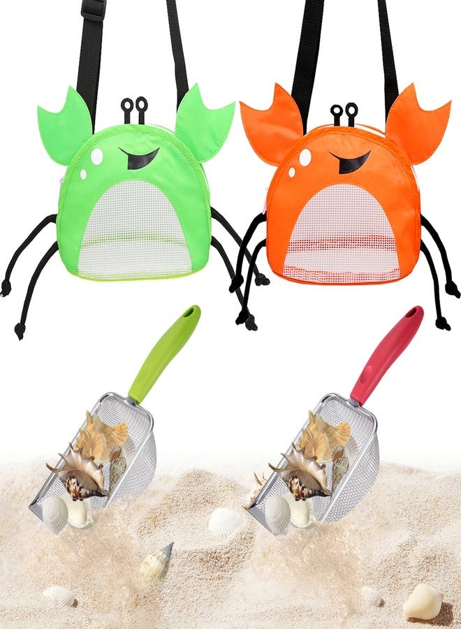 YOOLEETC 4PCS Beach Toy Mesh Shovel and Mesh Beach Bag Seashell Bag,for Sand Filter & Collect Shells,Sand Sifter Shell Collecting Tools(Green-Orange Crab) - Image 1