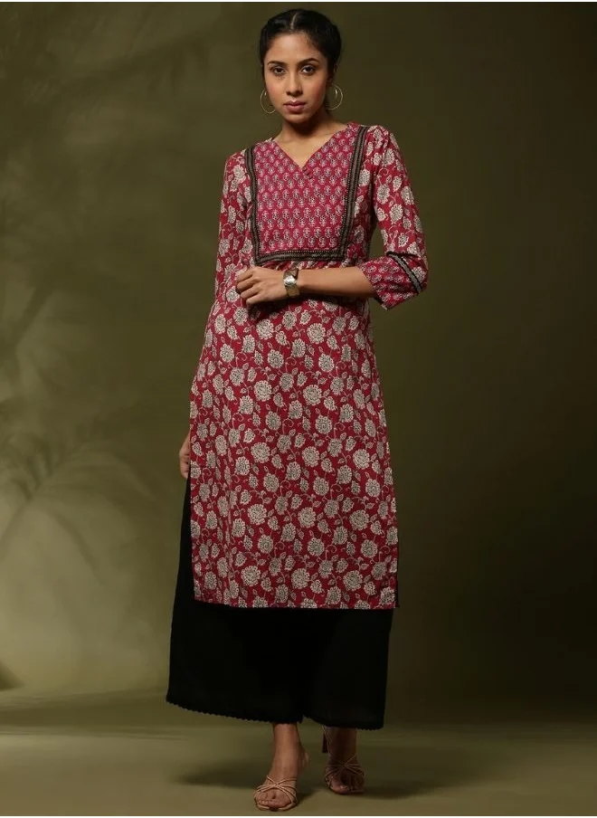 Abhishti Block print straight kurta -maroon