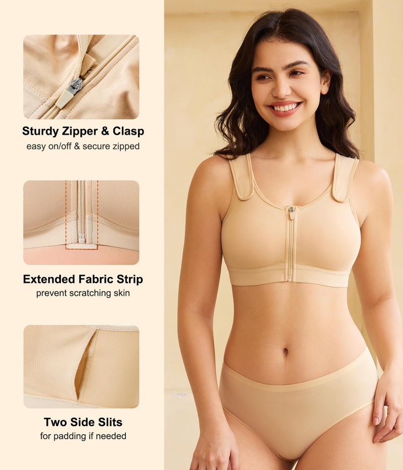 CYDREAM Zip Front Closure Wireless Bras for Women Full Coverage Post Surgery Compression Back Smoothing Comfort Adjustable (US, Alpha, Medium, Regular, Regular, Beige) - Image 4