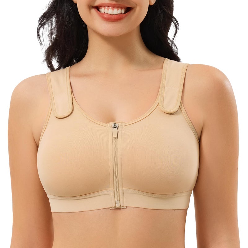 CYDREAM Zip Front Closure Wireless Bras for Women Full Coverage Post Surgery Compression Back Smoothing Comfort Adjustable (US, Alpha, Medium, Regular, Regular, Beige) - Image 1