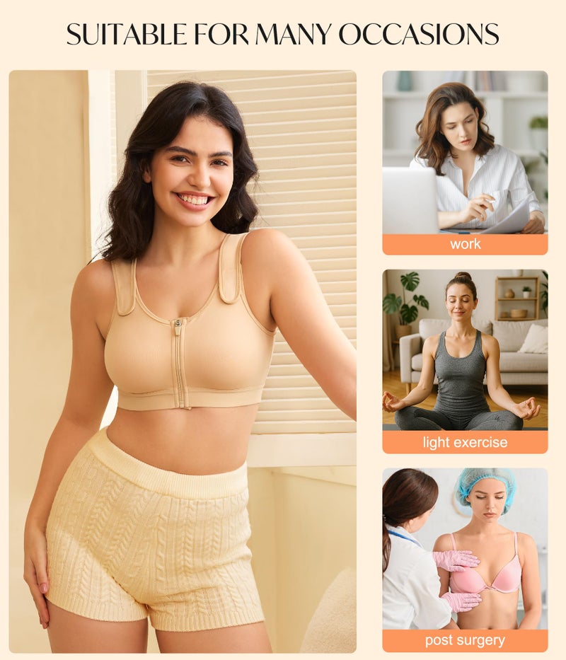 CYDREAM Zip Front Closure Wireless Bras for Women Full Coverage Post Surgery Compression Back Smoothing Comfort Adjustable (US, Alpha, Medium, Regular, Regular, Beige) - Image 5