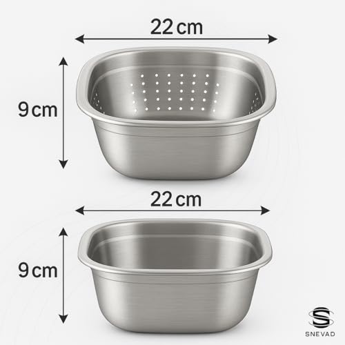 Snevad Square Stainless Steel Fruit, Rice, Pasta, Vegetable Washing Basket Set of 2 Kitchen Tools & Gadgets Drain Basket Kitchen Colanders Strainer Bowl Washing Food Mesh Strainer Colander – Silver - Image 3